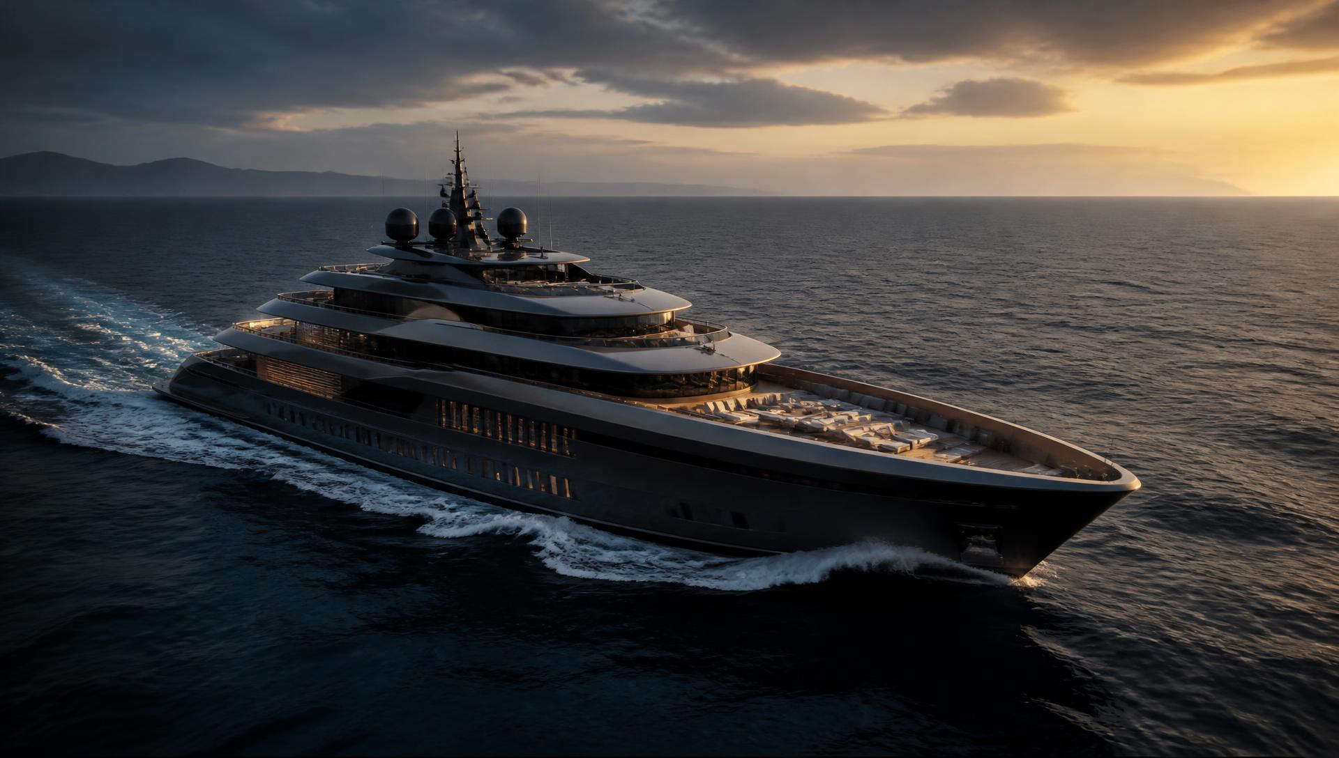 Custom superyacht cruising in open sea at sunset